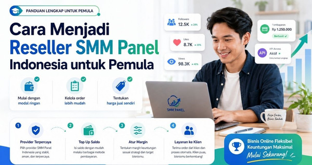 Diagram alur langkah menjadi reseller SMM panel Indonesia dari pendaftaran hingga penjualan layanan
